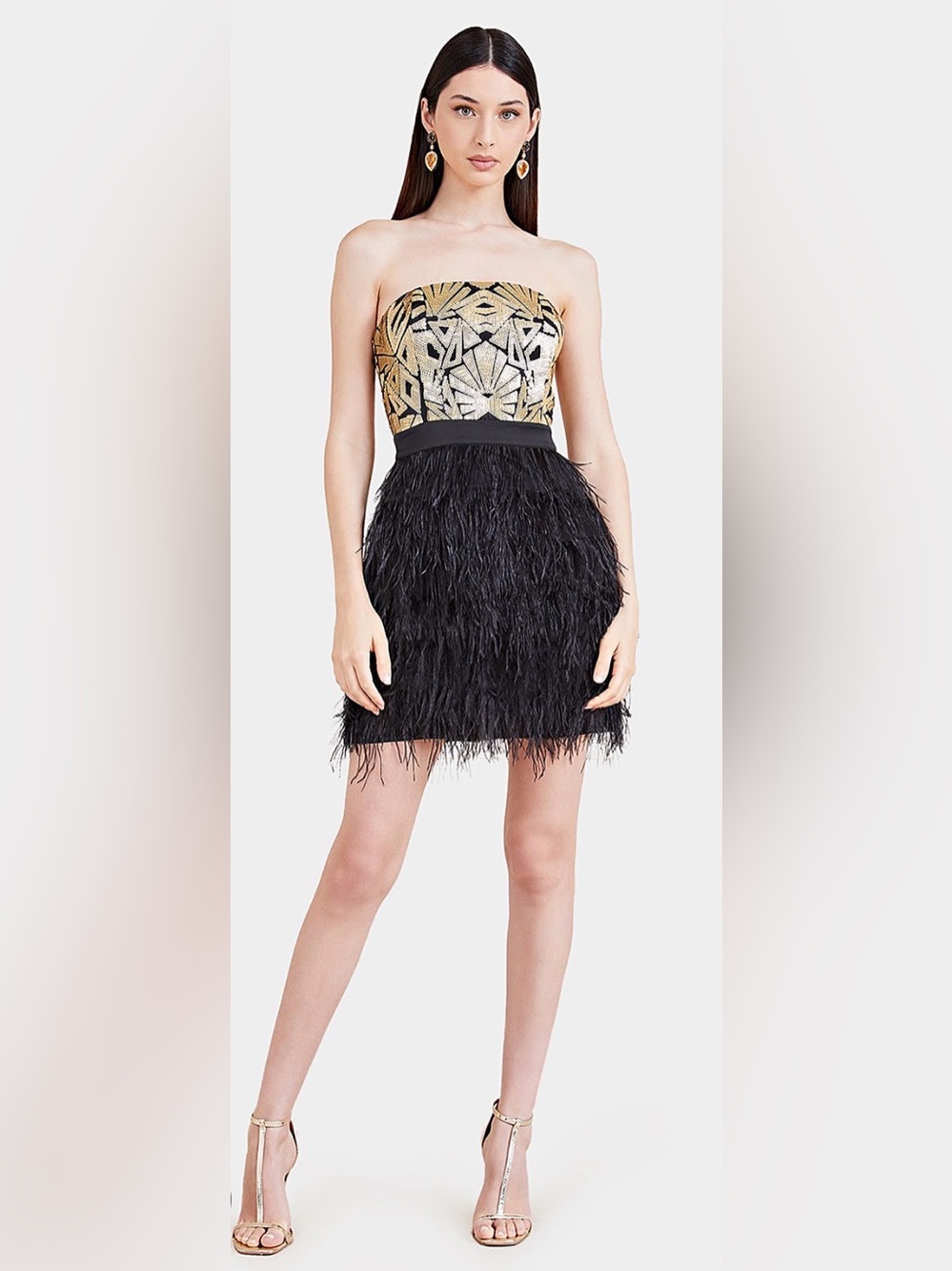 Marciano Strapless Gold & Black Feathered Mini Dress